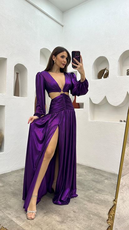 Purple Waist Detail Buckled Satin Evening Dress