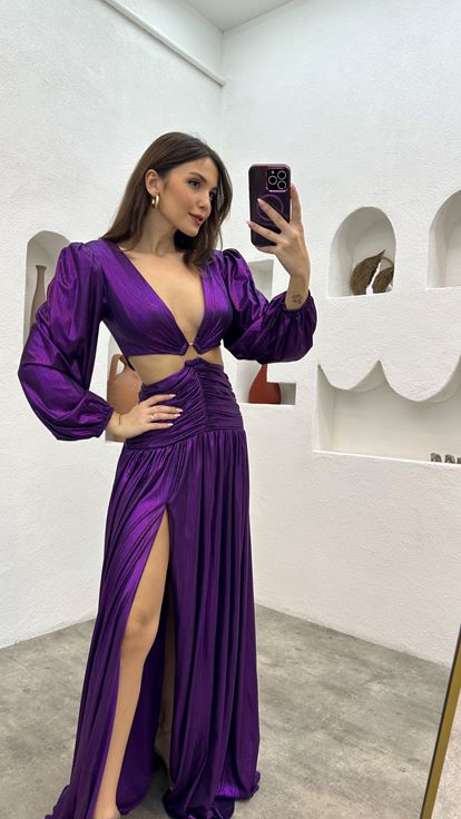 Purple Waist Detail Buckled Satin Evening Dress