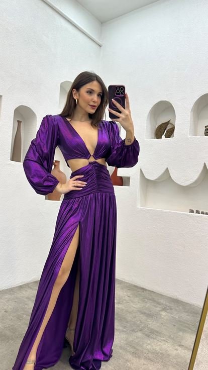 Purple Waist Detail Buckled Satin Evening Dress
