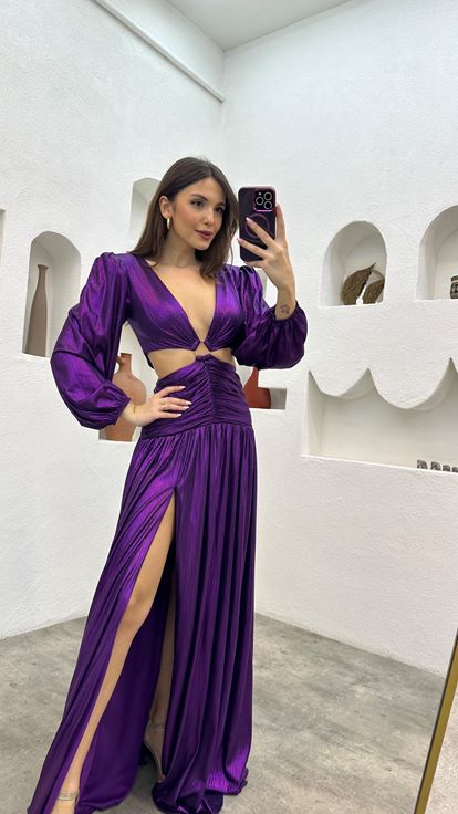 Purple Waist Detail Buckled Satin Evening Dress