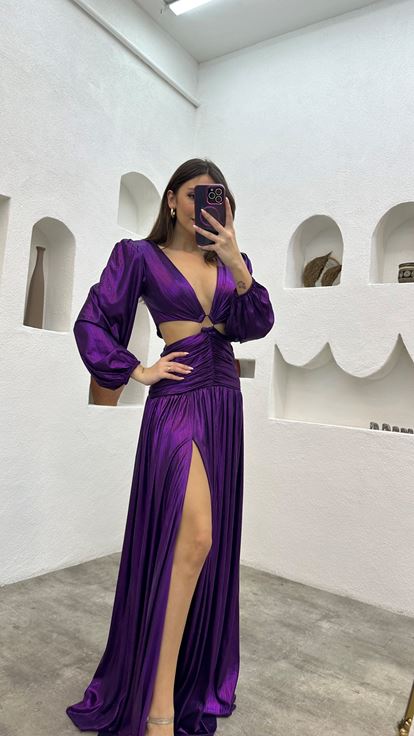 Purple Waist Detail Buckled Satin Evening Dress