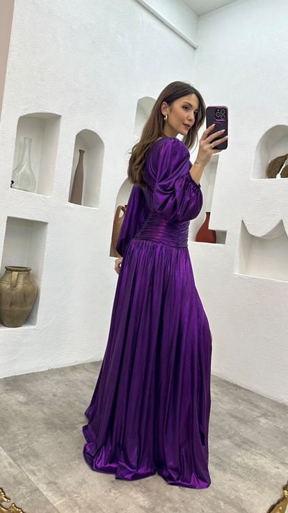 Purple Waist Detail Buckled Satin Evening Dress