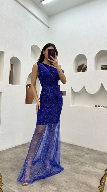 Saks One Shoulder besticktes Glitzer Abendkleid