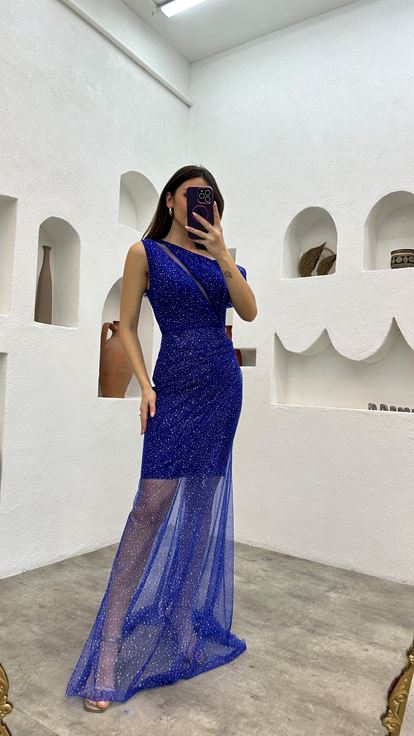 Saks Tek Omuz İşlemeli Simli Abiye Elbise