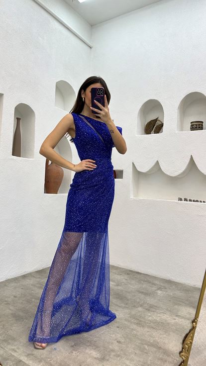 Saks Tek Omuz İşlemeli Simli Abiye Elbise