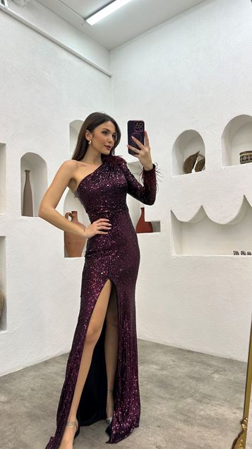 Plum Single Sleeve piumato paillettes paillettes abito da sera