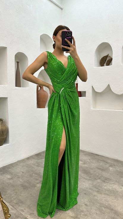 Green Waist Pleated Belt Detail Sequined Evening Dress
