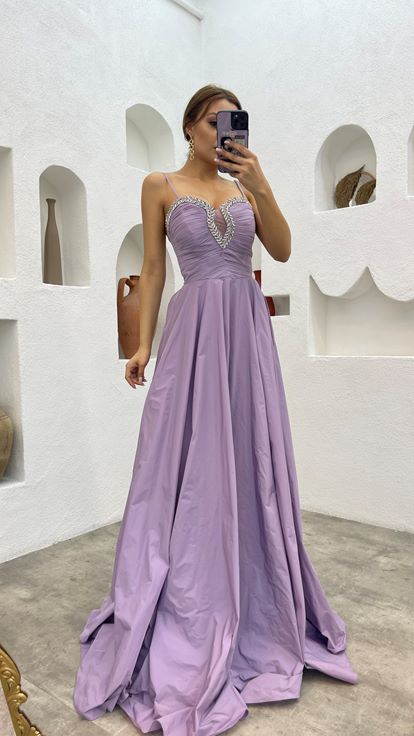 Lilac Strappy Embroidered Evening Dress