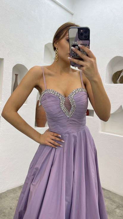 Lilac Strappy Embroidered Evening Dress