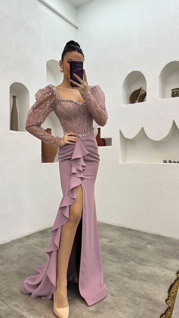 Robe de soirée en satin Flounce brodée de poudre