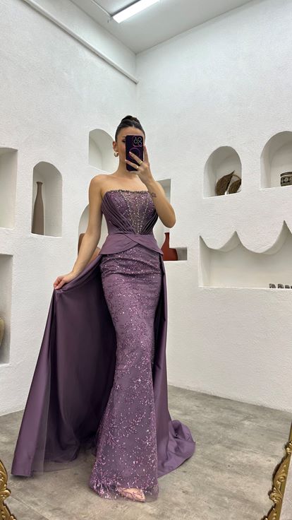 Lilac Embroidery Detail Draped Strapless Satin Evening Dress