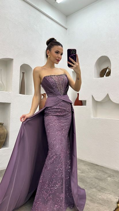 Lilac Embroidery Detail Draped Strapless Satin Evening Dress