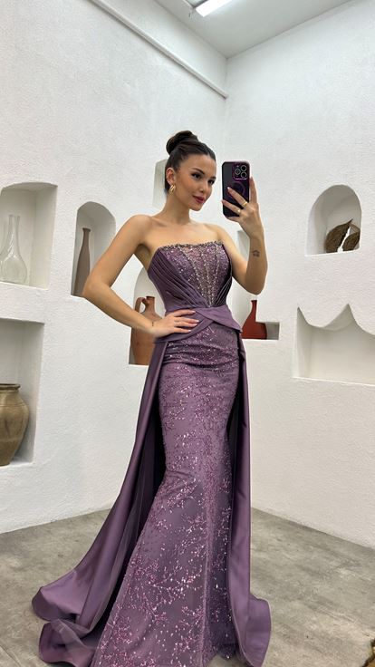 Lilac Embroidery Detail Draped Strapless Satin Evening Dress