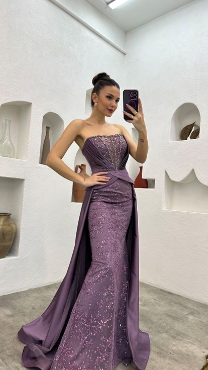 Lilac Embroidery Detail Draped Strapless Satin Evening Dress