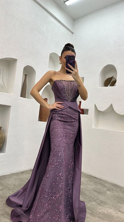 Lilac Embroidery Detail Draped Strapless Satin Evening Dress