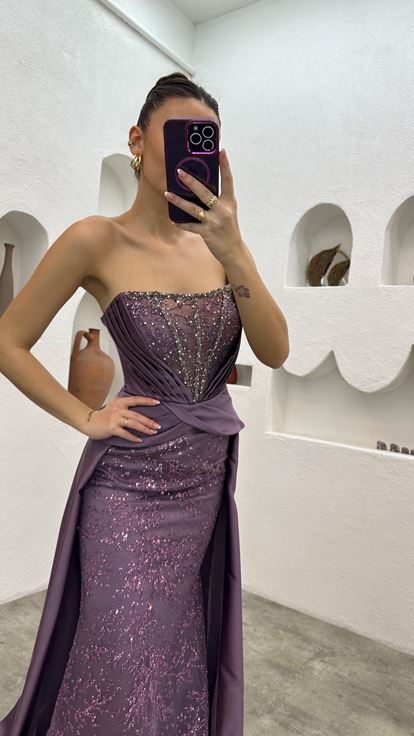 Lilac Embroidery Detail Draped Strapless Satin Evening Dress