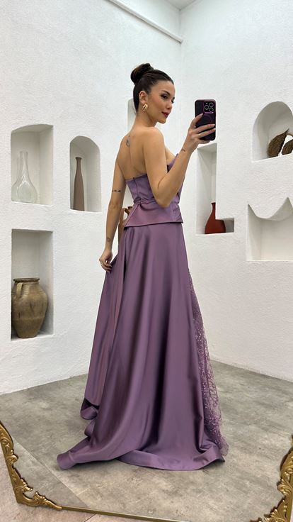 Lilac Embroidery Detail Draped Strapless Satin Evening Dress