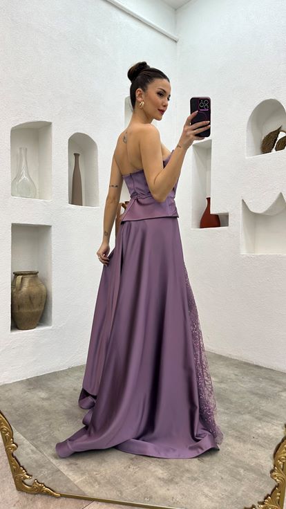 Lilac Embroidery Detail Draped Strapless Satin Evening Dress