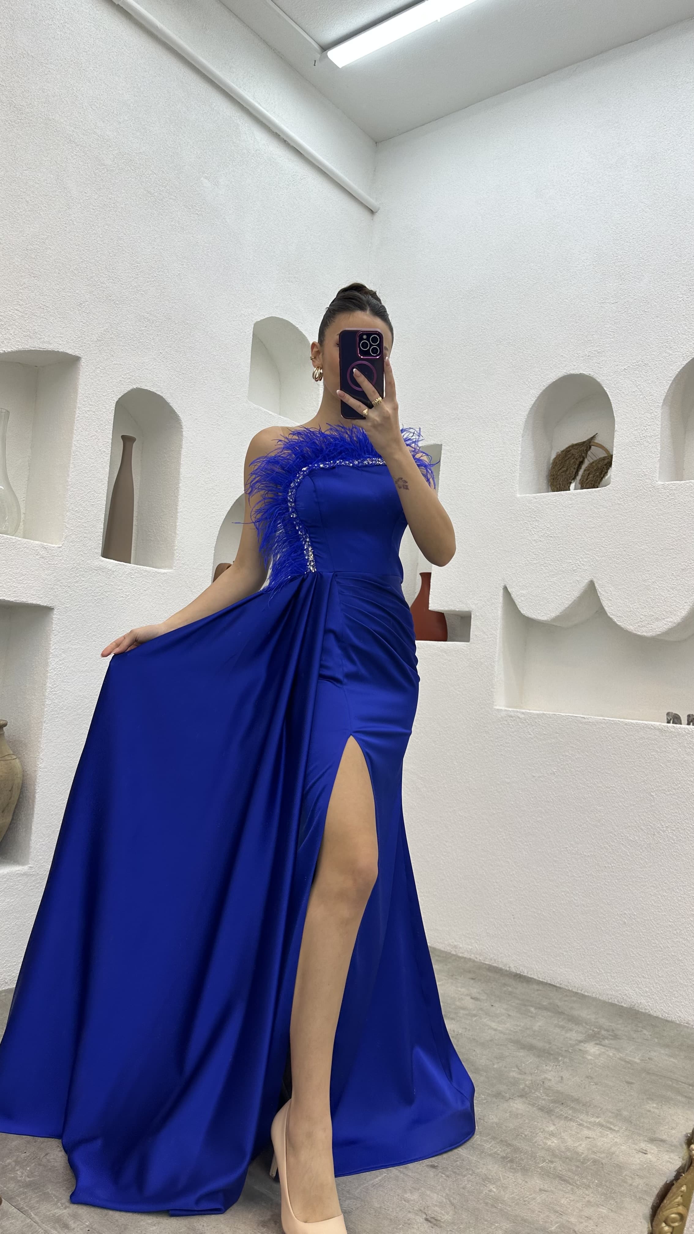 Saks Straplez Tüy Detay Saten Abiye Elbise