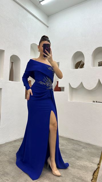 Sax Embroidered Detail Draped One Sleeve Evening Dress