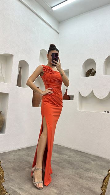 Orange Single Sleeve Volan Detail Pleated Satin Evening Dress