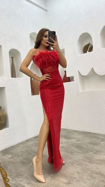 Abito da sera con dettagli trasparenti piumati rossi