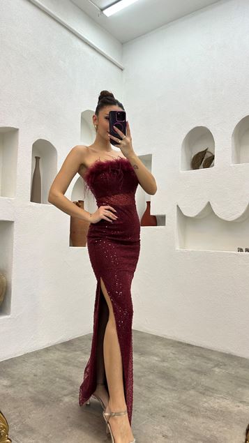 Burgundy Feathered Transparent Detail Evening Dress