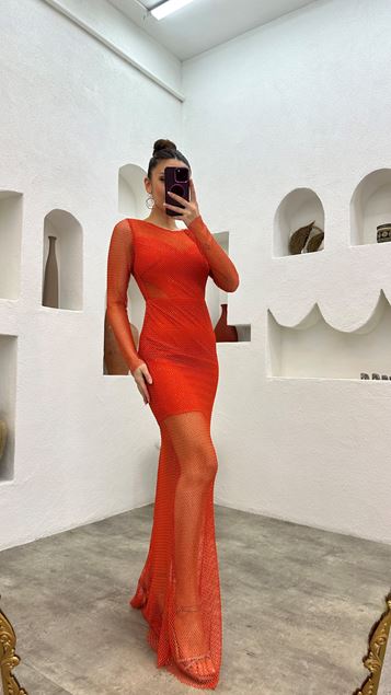 Robe de soirée orange à manches longues en maille