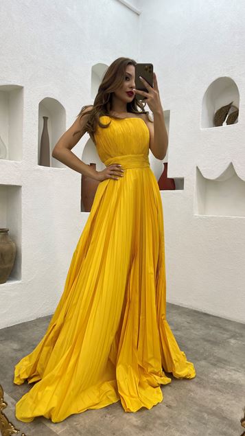 Yellow Rope Strap Pleated Satin Evening Dress
