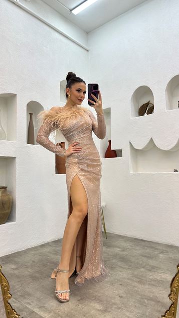 Powder Feather Detail Draped Sequined Evening Dress