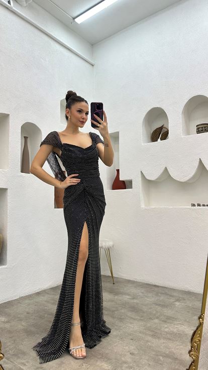 Black Ruffle Detail Strapless Design Evening Dress