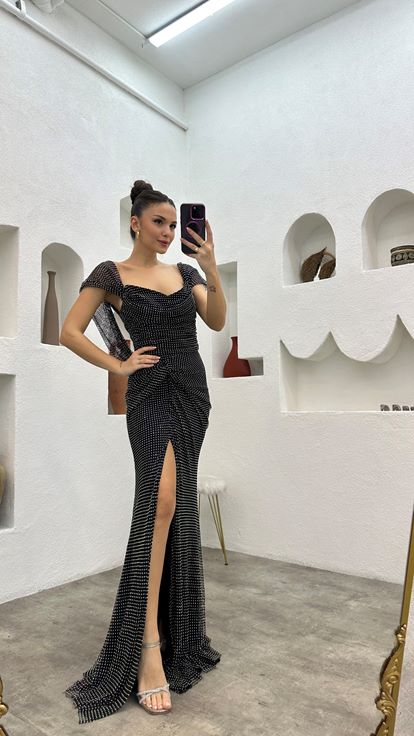 Black Ruffle Detail Strapless Design Evening Dress