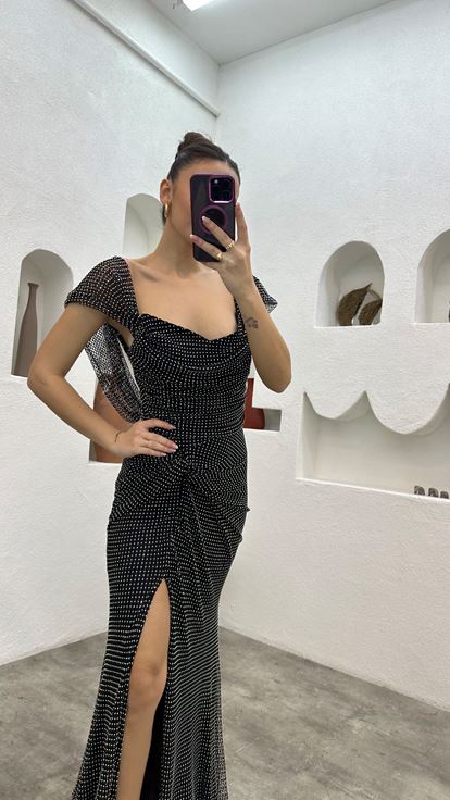 Black Ruffle Detail Strapless Design Evening Dress