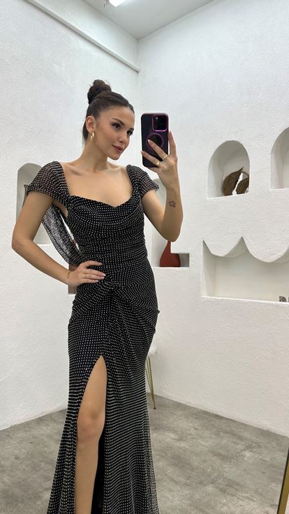 Black Ruffle Detail Strapless Design Evening Dress