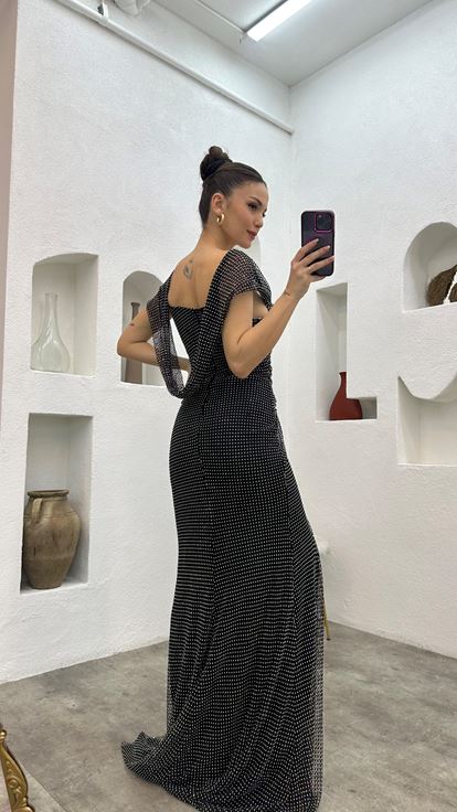 Black Ruffle Detail Strapless Design Evening Dress