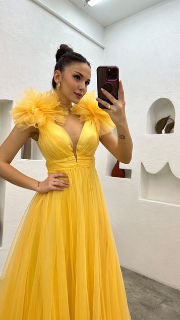 Yellow Shoulder Flounce Tulle Evening Dress