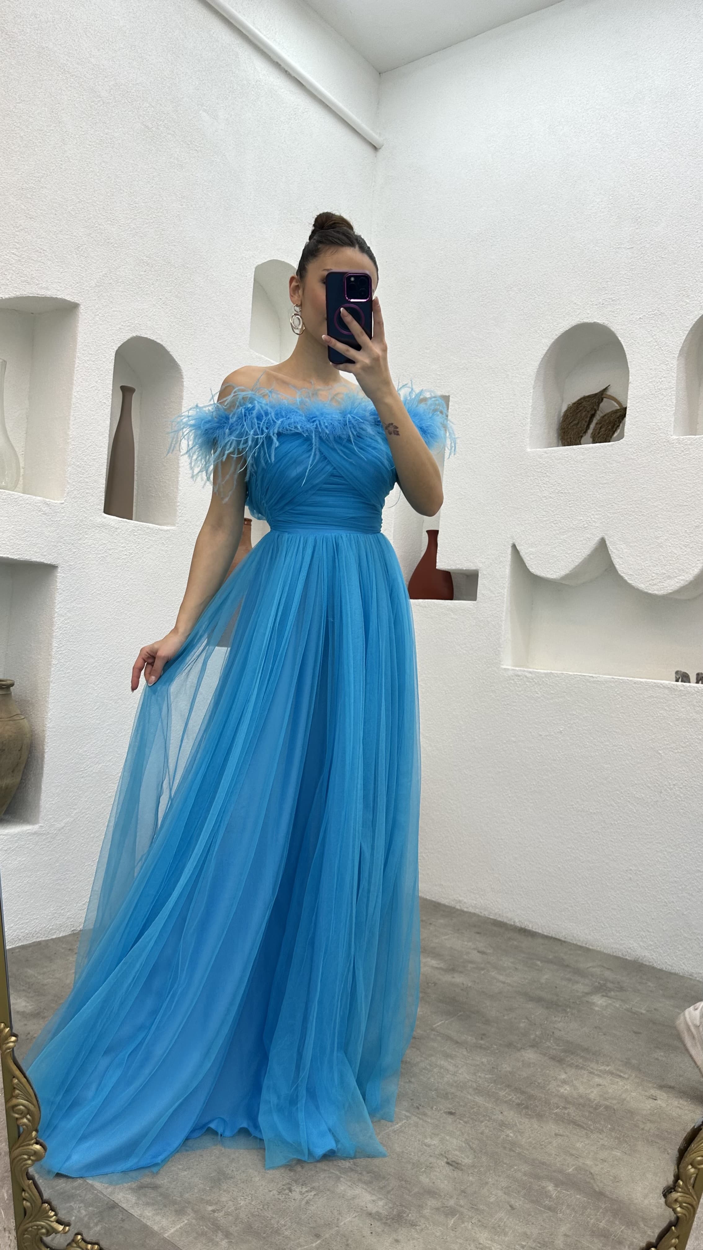 Blue Feather Detail Draped Tulle Evening Dress