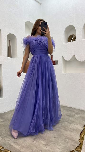 Lilac Feather Detail Draped Tulle Evening Dress