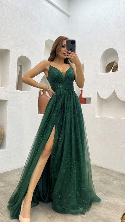 Zümrüt İp Askılı Drape Detay Simli Tül Abiye Elbise