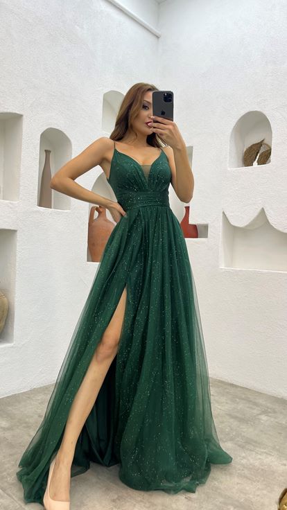 Zümrüt İp Askılı Drape Detay Simli Tül Abiye Elbise