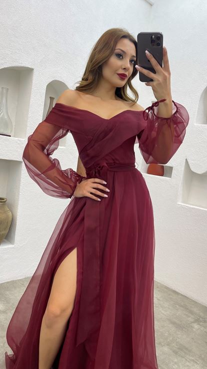 Burgundy Sash Detail Tulle Evening Dress
