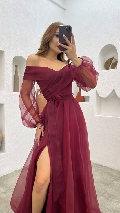 Burgundy Sash Detail Tulle Evening Dress