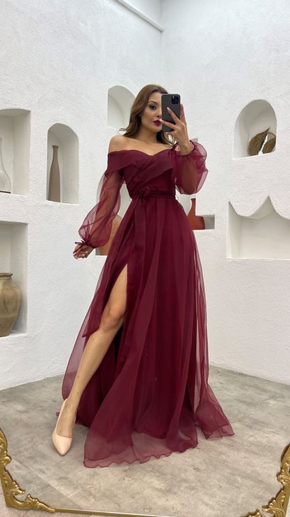 Burgundy Sash Detail Tulle Evening Dress