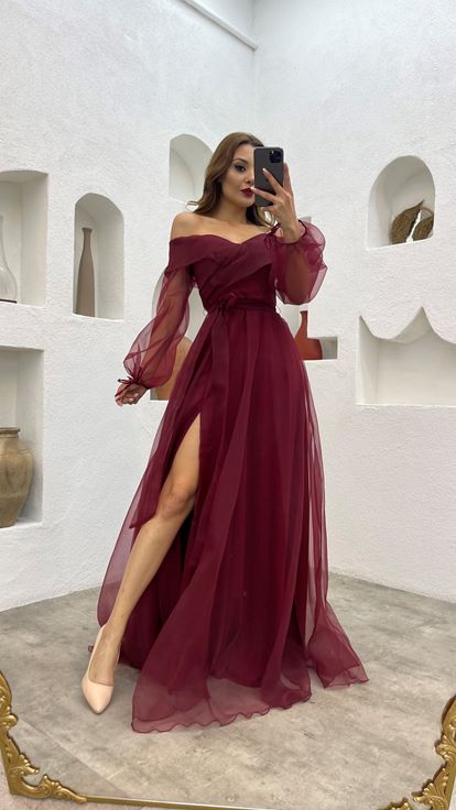 Burgundy Sash Detail Tulle Evening Dress