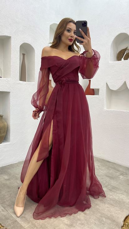 Burgundy Sash Detail Tulle Evening Dress
