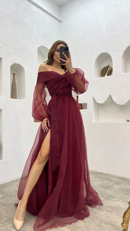 Burgundy Sash Detail Tulle Evening Dress