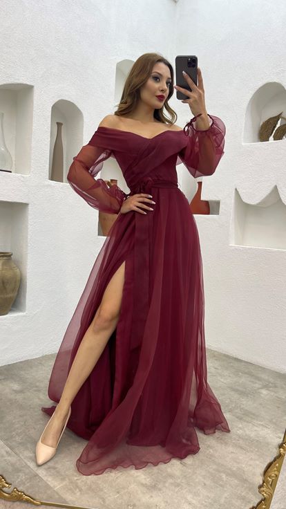 Burgundy Sash Detail Tulle Evening Dress