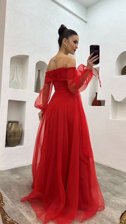 Red Sash Detail Tulle Evening Dress