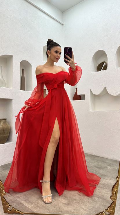 Red Sash Detail Tulle Evening Dress