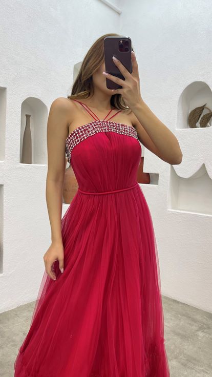 Red Rope Strap Embroidered Tulle Evening Dress